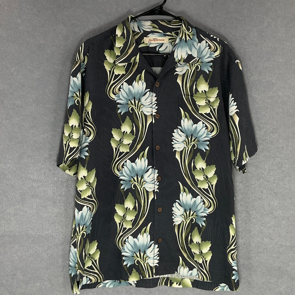 Tommy Bahama Shirt‎ Mens Sz L 100% Silk Button Up Floral Dark Tropical